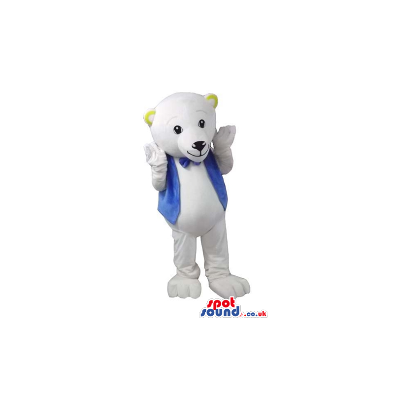 White bear with yellow detail in ears wearing a silky blue vest