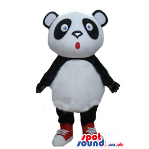 Panda bear with big blue eyes and red snickers - Custom Mascots