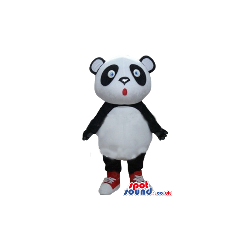 Panda bear with big blue eyes and red snickers - Custom Mascots