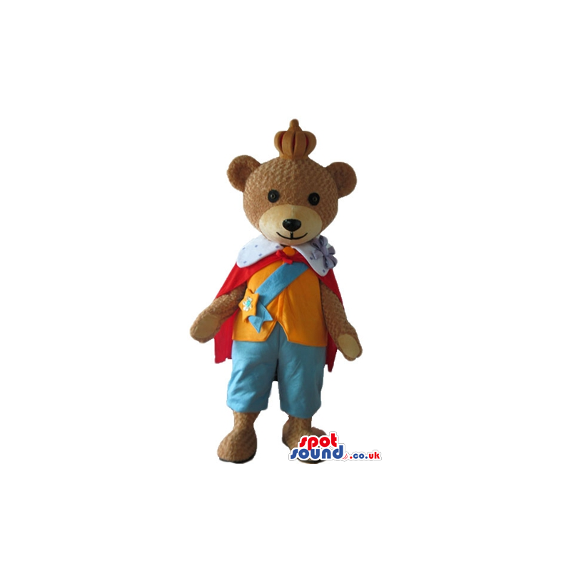 Brown bear dressed like a king with light blue trousers, orange