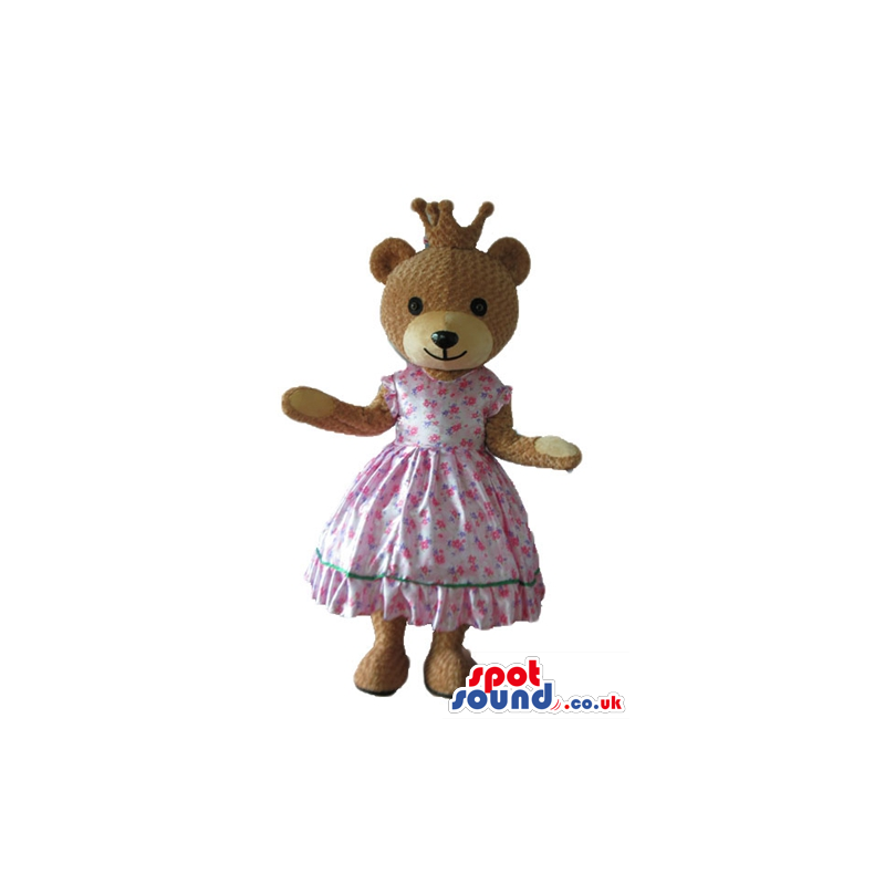 Femenine brown bear dressed as a princess in a pink flowery