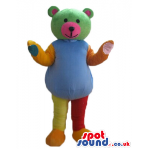 Teddy bear with a green face, a light-blue body, yellow and red