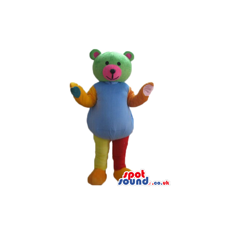 Teddy bear with a green face, a light-blue body, yellow and red