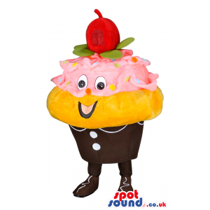Yummy smiling and creamy cupcake mascot with a red cherry -