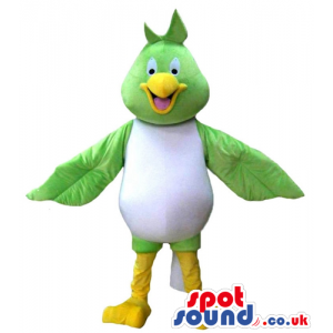 Happy green bird with big eyes, yellow beak, white belly and