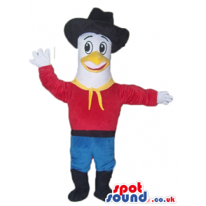 Cowboy white bird dressed with a black hat, a red t-shirt, blue