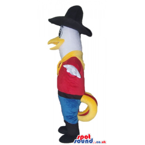 Cowboy white bird dressed with a black hat, a red t-shirt, blue