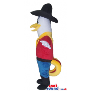 Cowboy white bird dressed with a black hat, a red t-shirt, blue