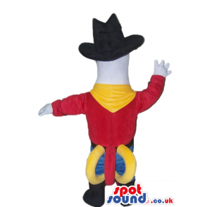 Cowboy white bird dressed with a black hat, a red t-shirt, blue