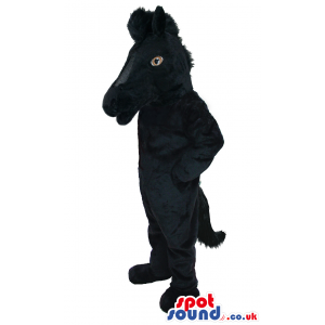 black mustang horse mascot with brown eyes and long tail -