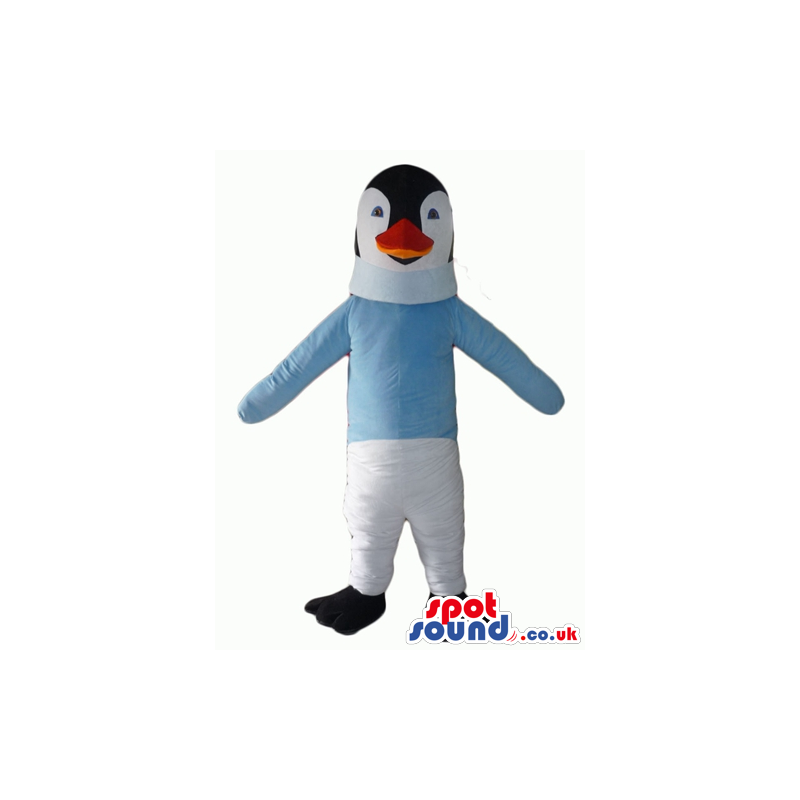 Penguin mascot dressed in light-blue sweater - Custom Mascots