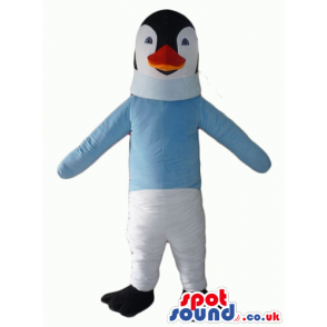 Penguin mascot dressed in light-blue sweater - Custom Mascots