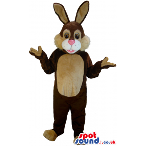 Plush bunny mascot in brown with pink nose and long ears -