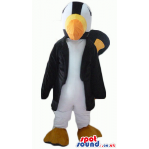 Penguin mascot wearing a long black coat - Custom Mascots