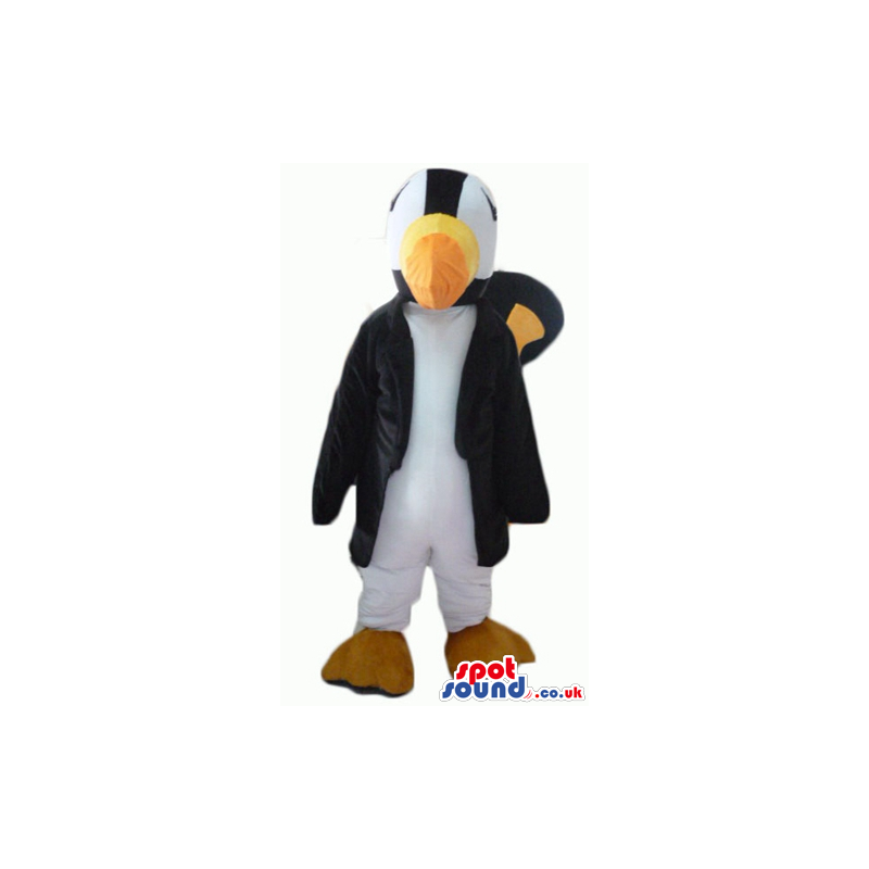 Penguin mascot wearing a long black coat - Custom Mascots