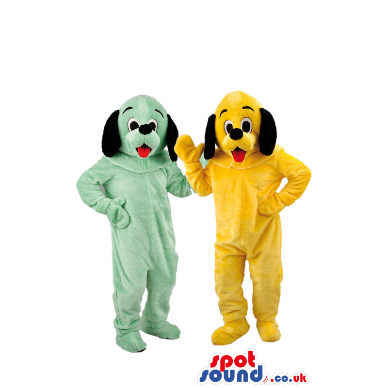 Plush dogs mascots in yellow and green with smiling faces -