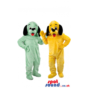 Plush dogs mascots in yellow and green with smiling faces -