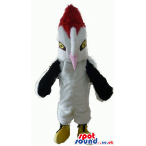 Black and white bird with pink peak and red hair wearing yellow