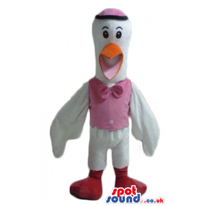 Cute white duck with orange beak wearing a pink vest, a pink