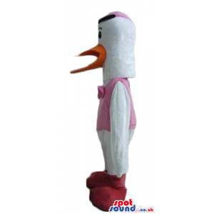 Cute white duck with orange beak wearing a pink vest, a pink