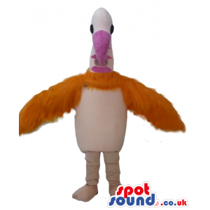 Pink bird mascot with large dark pink beak and orange furry