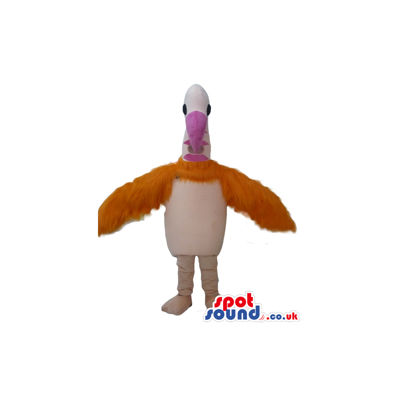 Pink bird mascot with large dark pink beak and orange furry