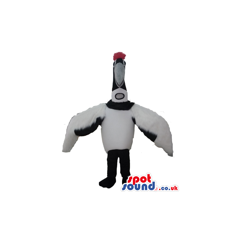Bird mascot with white body, black legs, black and white head