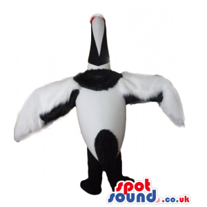 Bird mascot with white body, black legs, black and white head
