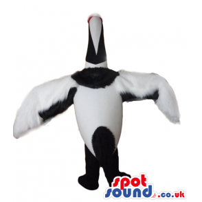 Bird mascot with white body, black legs, black and white head