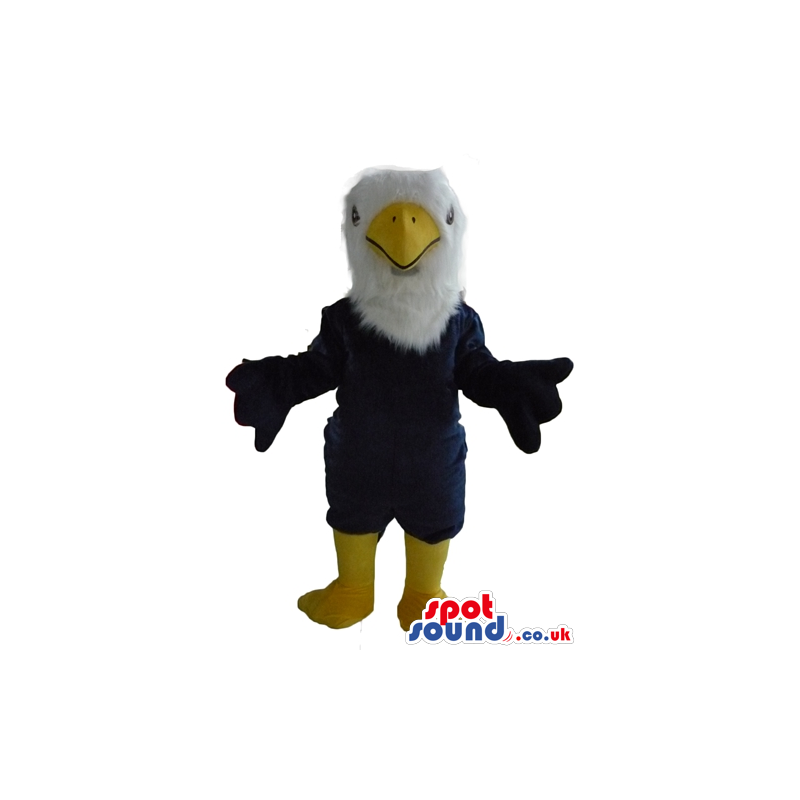 Black eagle mascot with a white head, a yellow beak and yellow