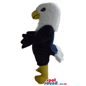 Black eagle mascot with a white head, a yellow beak and yellow