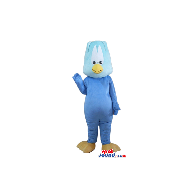 Blue duck with a light blue head, beige feet and an orange beak