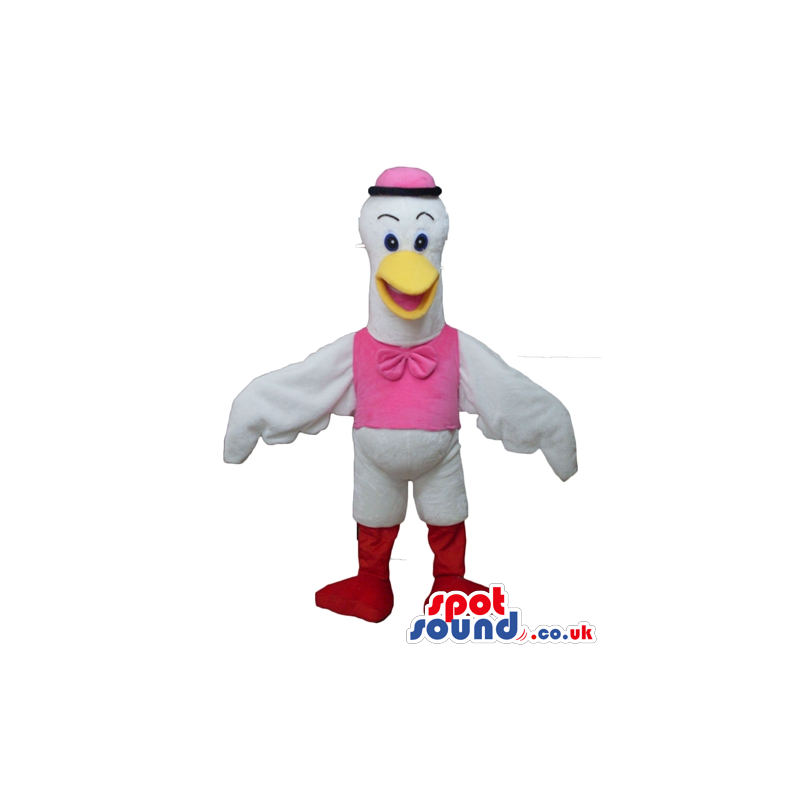 White duck with red legs wearing a pink vest, a pink bow tie