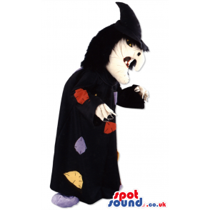 Wizard mascot with long black cloak, big face and hooked nose -