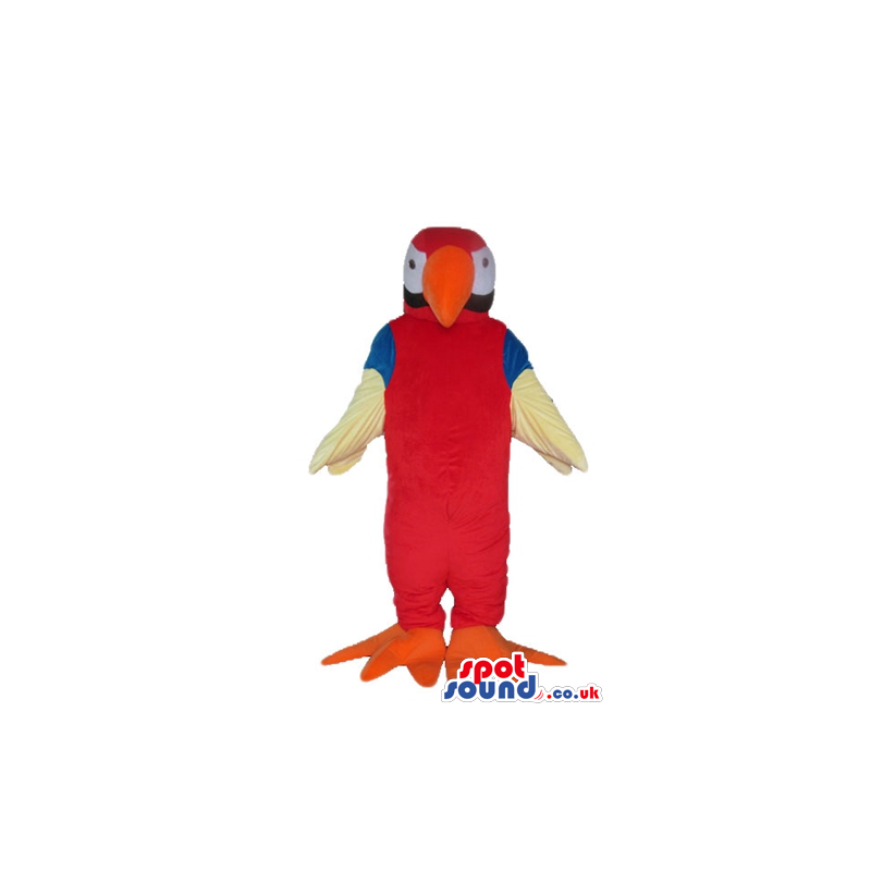 Red penguin with blue and white wings, orange feet and beak and