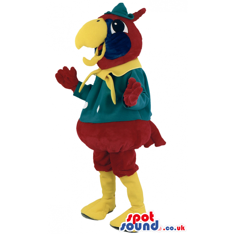 Bird mascot costume with green hat and golden beak - Custom