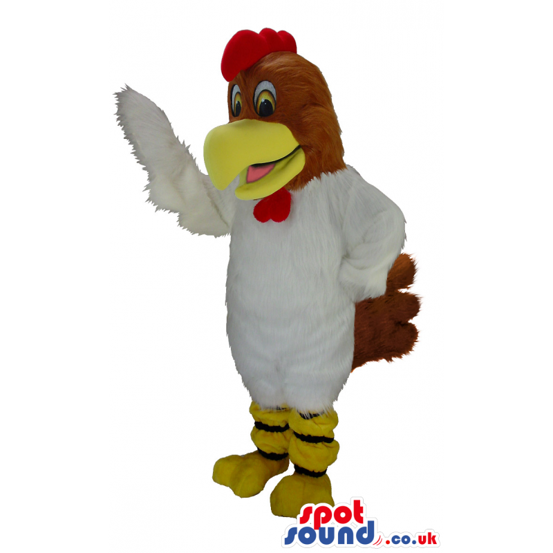 White rooster mascot costume with yellow beak and brown tail -