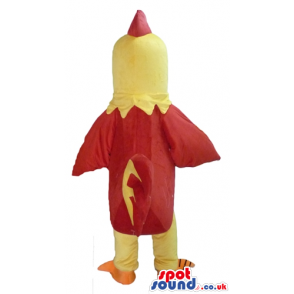 Cock with yellow head and legs, red body and orange feet -