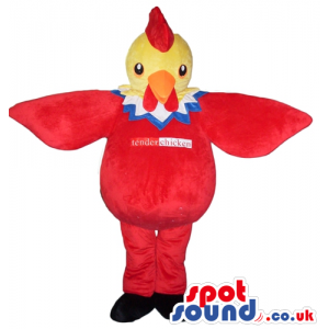Red chicken with yellow face, orange beak and red hair with a