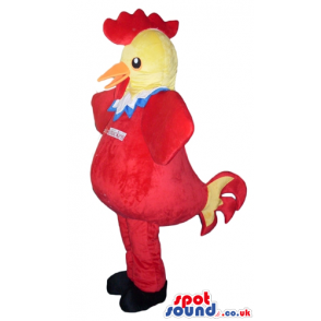 Red chicken with yellow face, orange beak and red hair with a