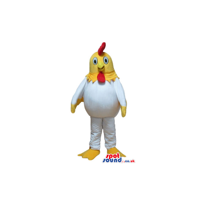 Smiling white cock with yellow head, hands and feet and red