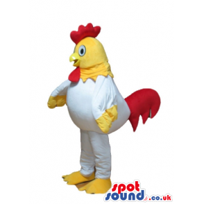 Smiling white cock with yellow head, hands and feet and red