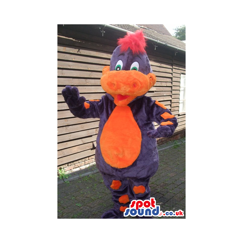 Friendly purple dragon mascot with red hair and orange snout. -