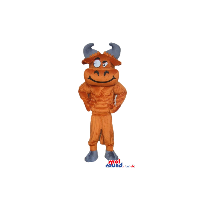 Smiling brown bull with grey horns and big eyes - Custom Mascots