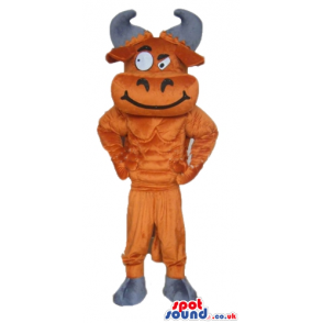 Smiling brown bull with grey horns and big eyes - Custom Mascots