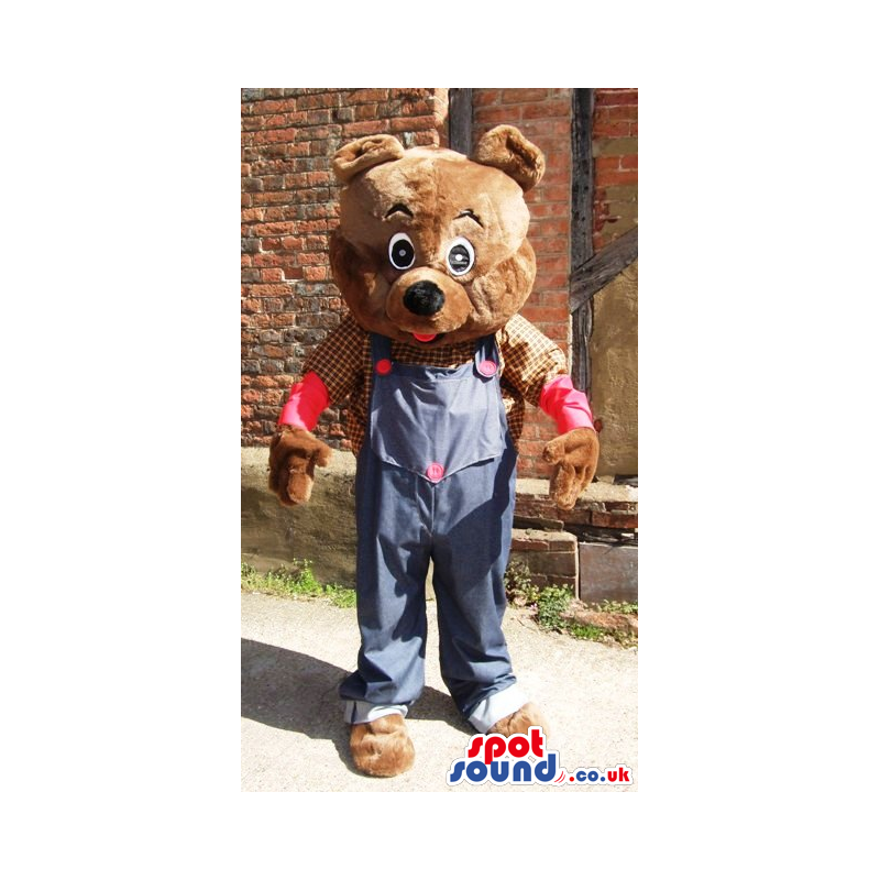 Teddy bear mascot wearing farmers shirt and jean overalls -