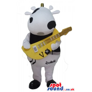 Rocker black and white cow playing a big yellow guitar - Custom