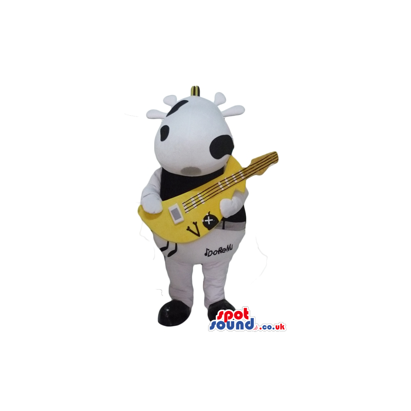 Rocker black and white cow playing a big yellow guitar - Custom