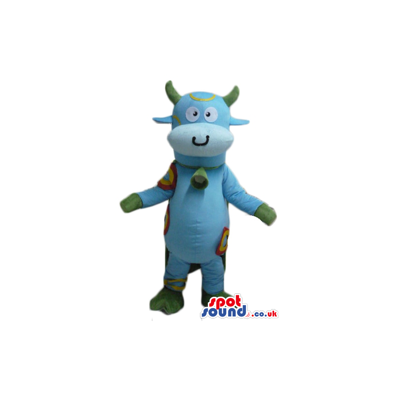 Light-blue lovely cow with green horns, hands and feet with