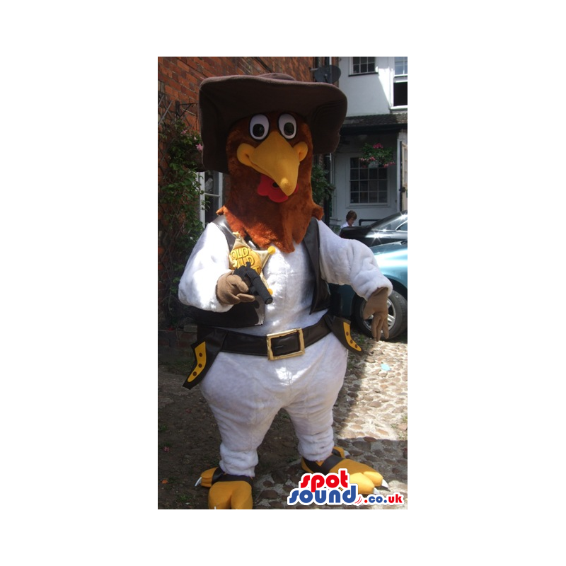 Funny chicken sheriff mascot with hat, gun and waistcoat -